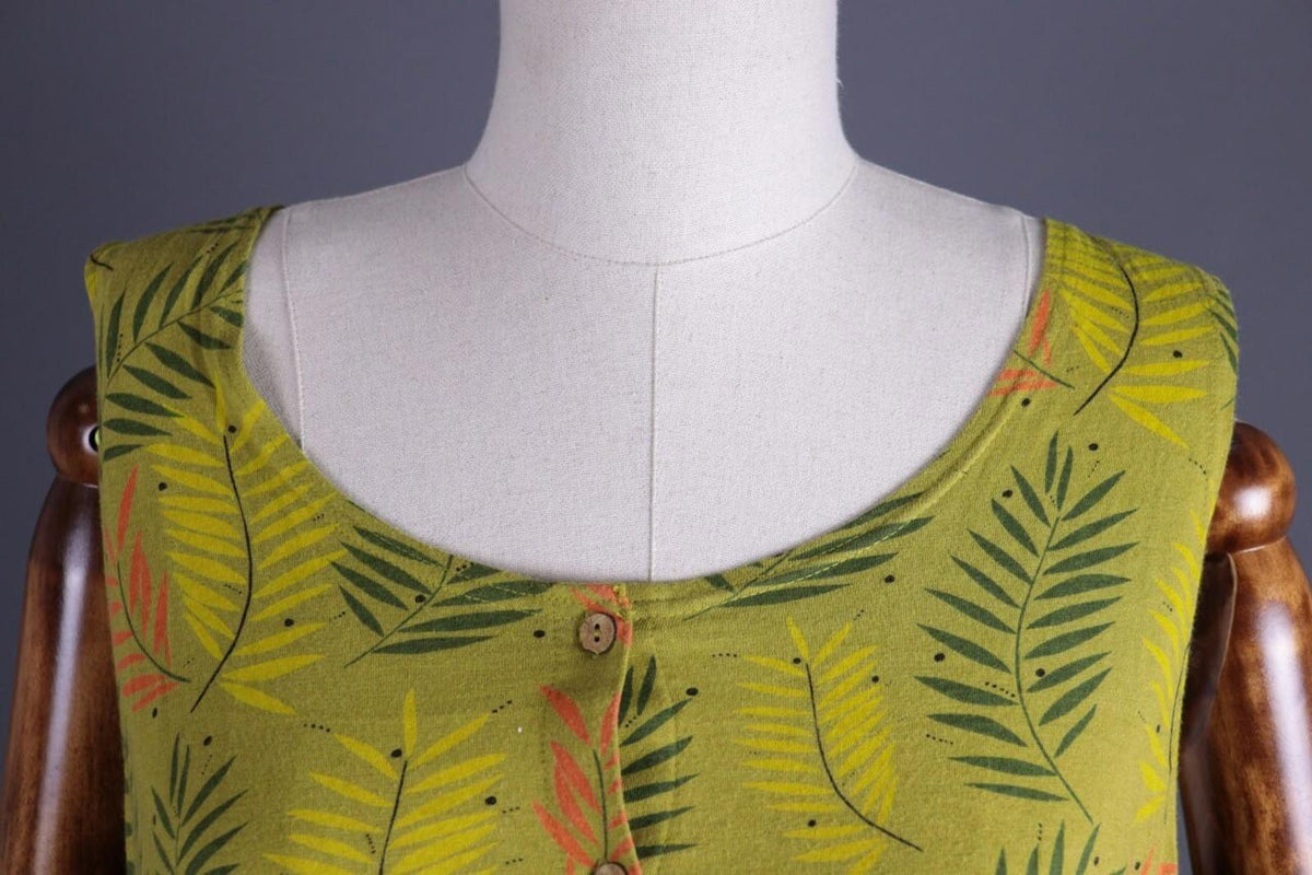 GUDRUN SJODEN Green Floral Button Down Lagenlook Sleeveless Blouson Dress – Size L