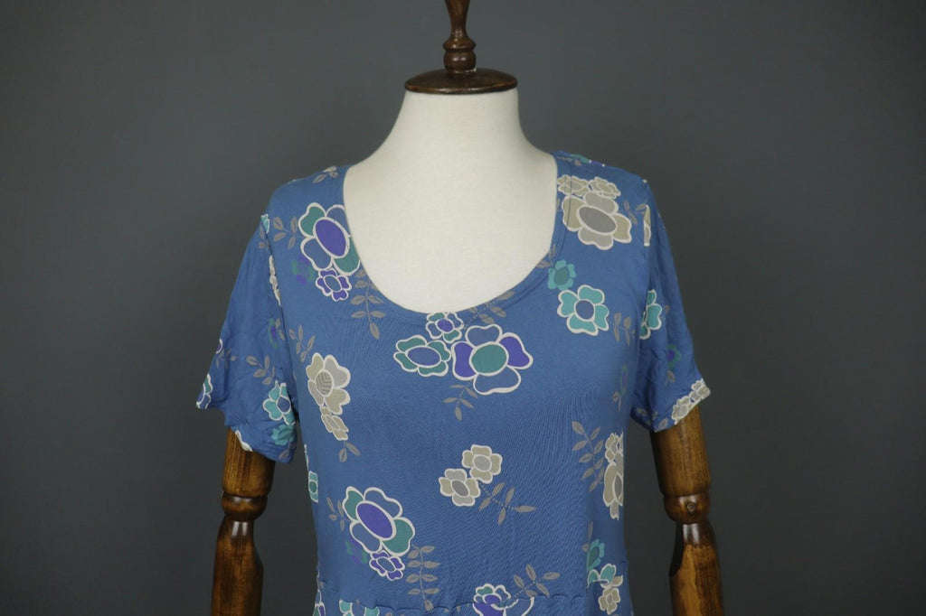 GUDRUN SJODEN Blue Modal Floral Short Sleeve Scoop Neck Shift Dress – Size L