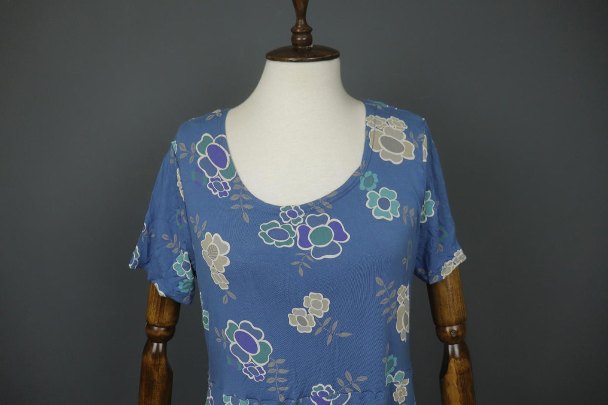 GUDRUN SJODEN Blue Modal Floral Short Sleeve Scoop Neck Shift Dress – Size L