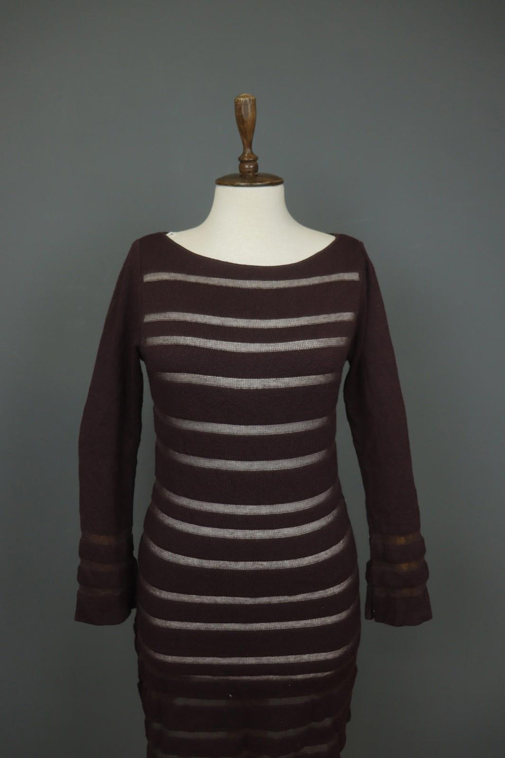 SARAH PACINI Maroon White Striped Knitted Long Sleeve Round Neck Dress M / L