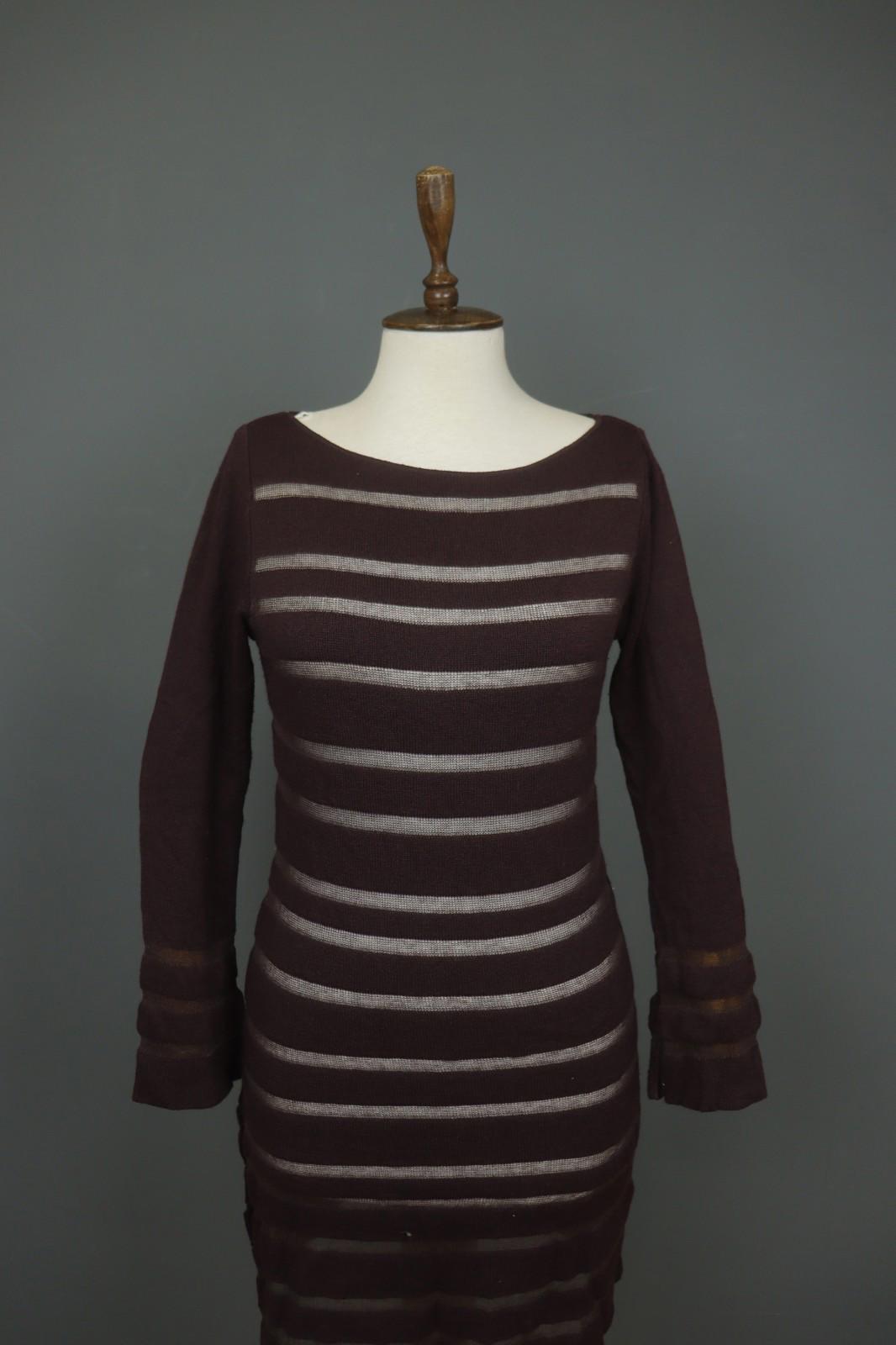SARAH PACINI Maroon White Striped Knitted Long Sleeve Round Neck Dress M / L