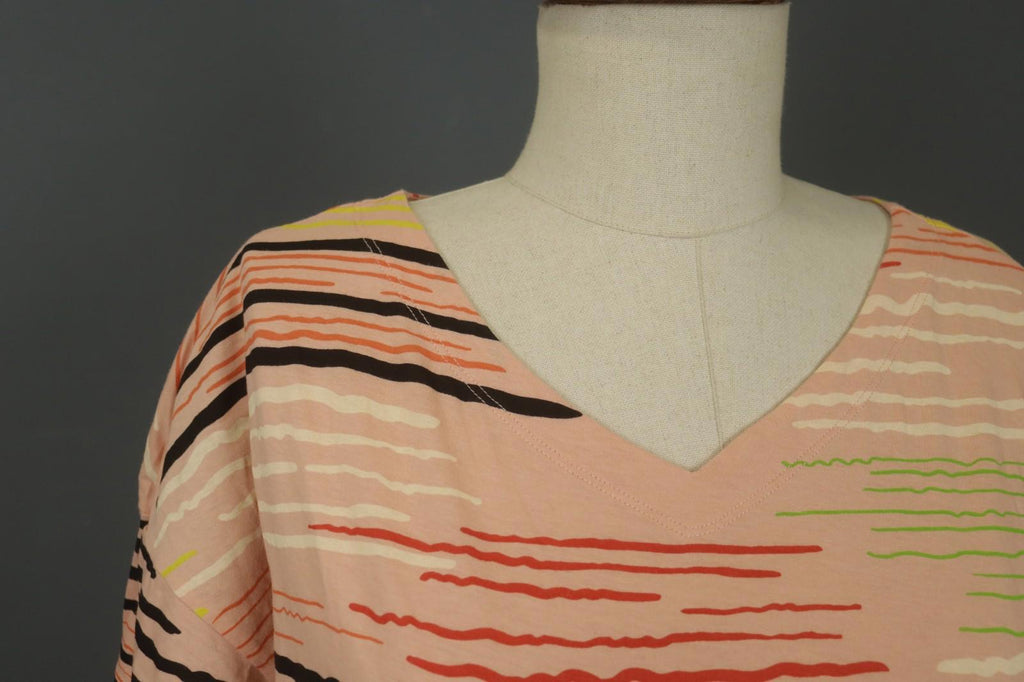 GUDRUN SJODEN Multi Striped Cotton Short Sleeve V-Neck Pullover Blouse Top Sz L