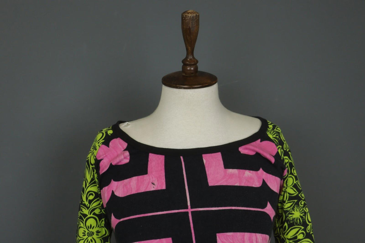 CUSTO BARCELONA Multi Floral Cotton Long Sleeve Round Neck Crop Blouse Top Sz M