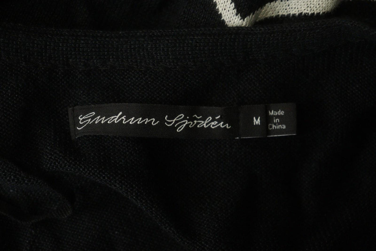 GUDRUN SJODEN Black White Chevron Print Knitted Casual Open Front Cardigan Sz M