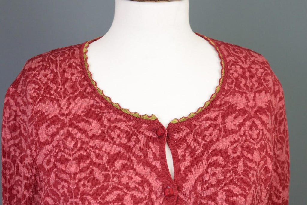OLEANA Red Floral Round Neck Long Sleeve Button Front Cardigan Sweater S/M