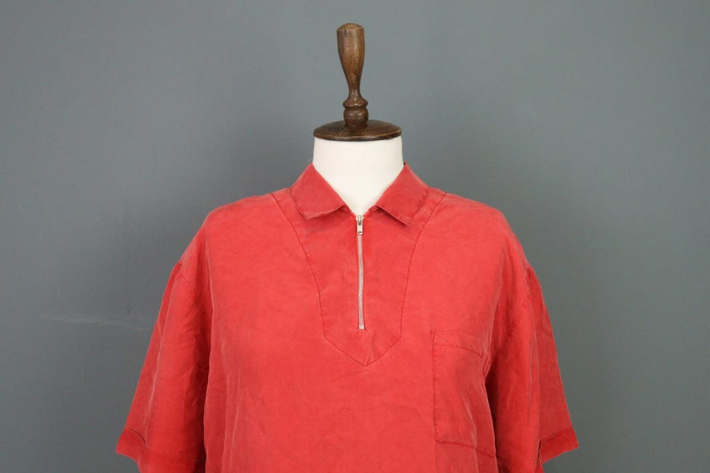 KATHARINE HAMNETT ACTIVE Red 1/3 Zip Silk 3/4 Sleeve Top Blouse Shirt – Size M
