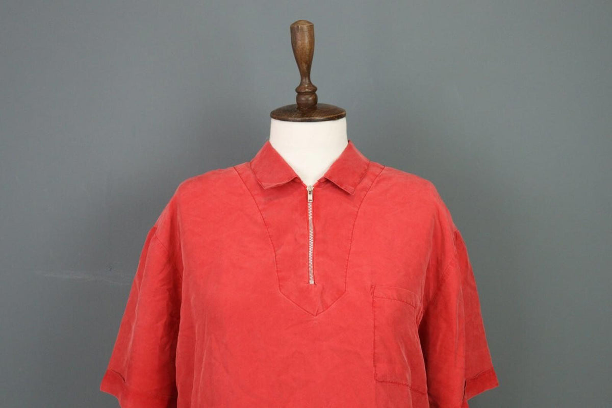 KATHARINE HAMNETT ACTIVE Red 1/3 Zip Silk 3/4 Sleeve Top Blouse Shirt – Size M
