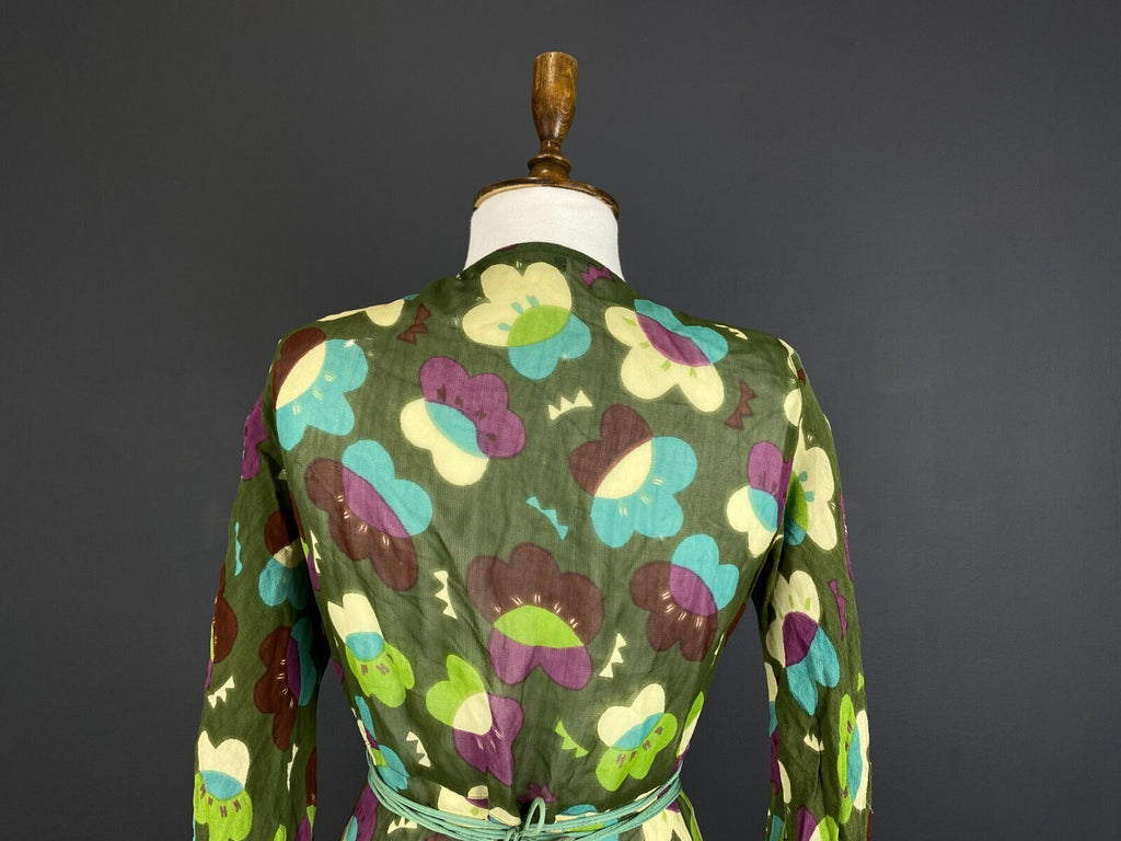Gudrun Sjoden Green Floral Wrap Belted 3/4 Sleeve Blouson Midi Dress – Size M