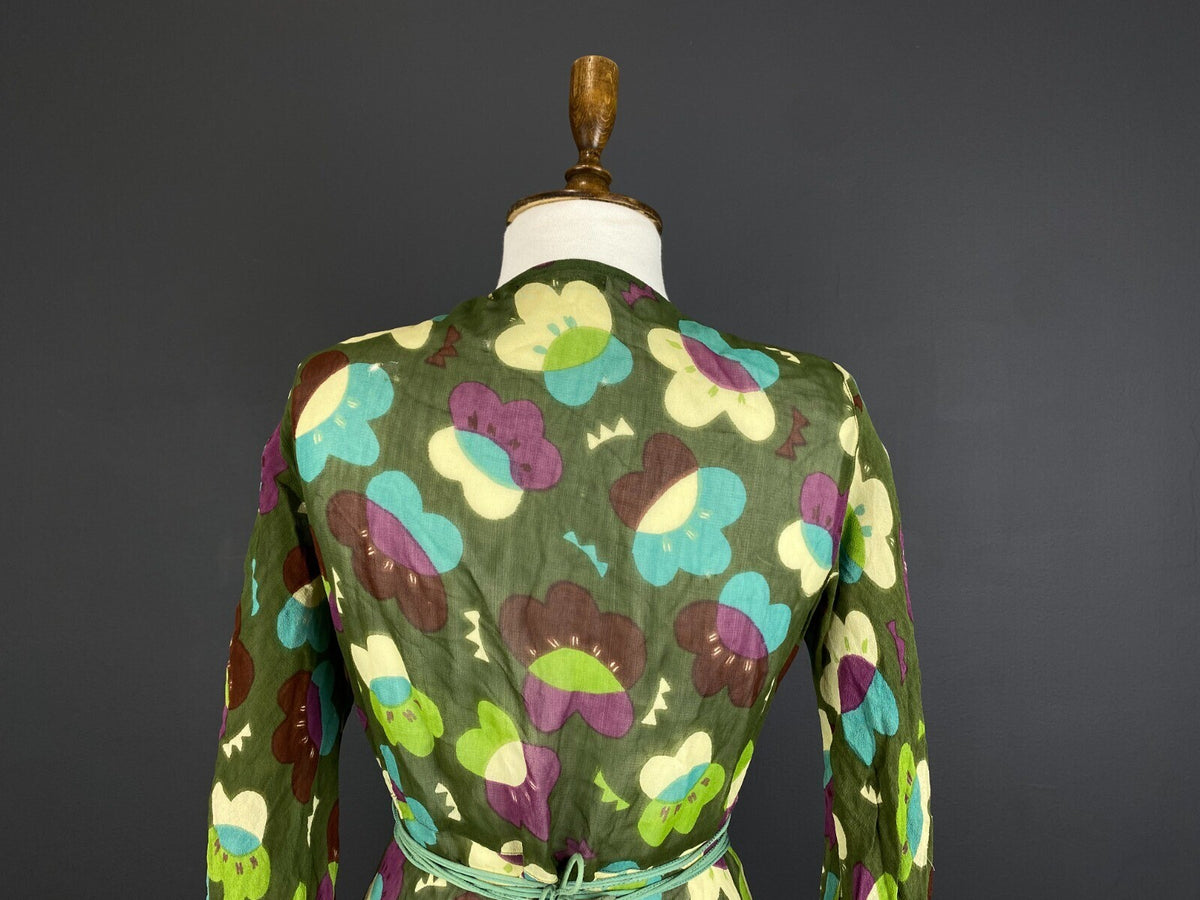 Gudrun Sjoden Green Floral Wrap Belted 3/4 Sleeve Blouson Midi Dress – Size M