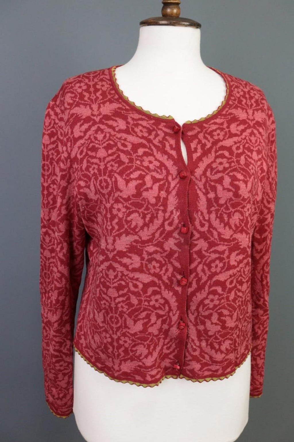 OLEANA Red Floral Round Neck Long Sleeve Button Front Cardigan Sweater S/M