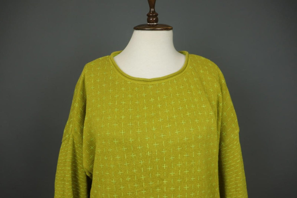 GUDRUN SJODEN Yellow Geometric Linen Long Sleeve Crew Neck Pullover Sweater Sz M