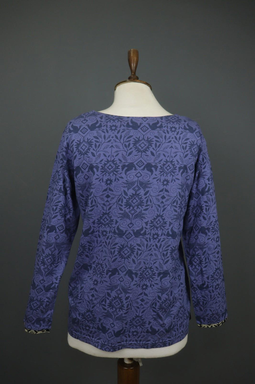 GUDRUN SJODEN Purple Palm Leaf Print Cotton Round Neck Pullover Blouse Top Sz M