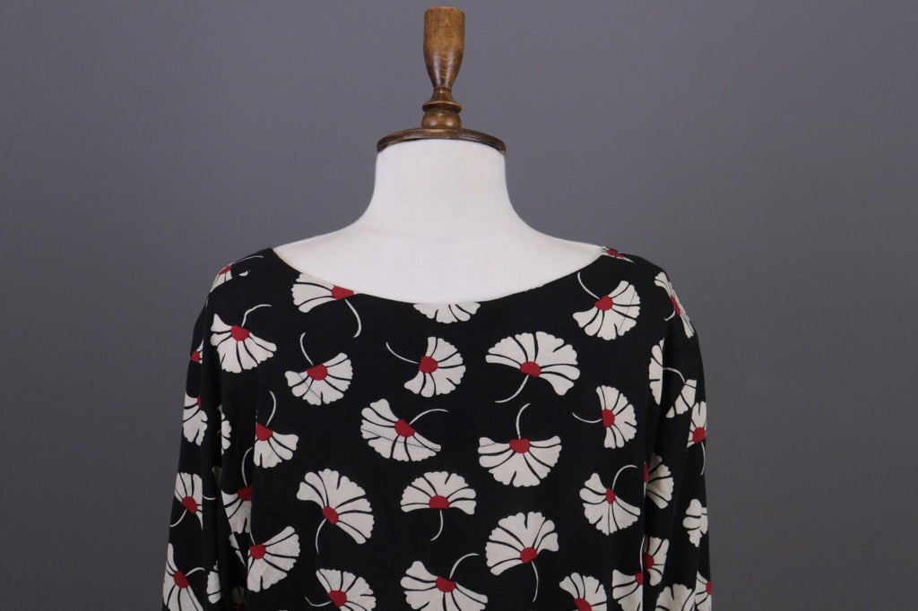 GUDRUN SJODEN Black Floral Relaxed Long Sleeve Blouson Midi Dress – Size L