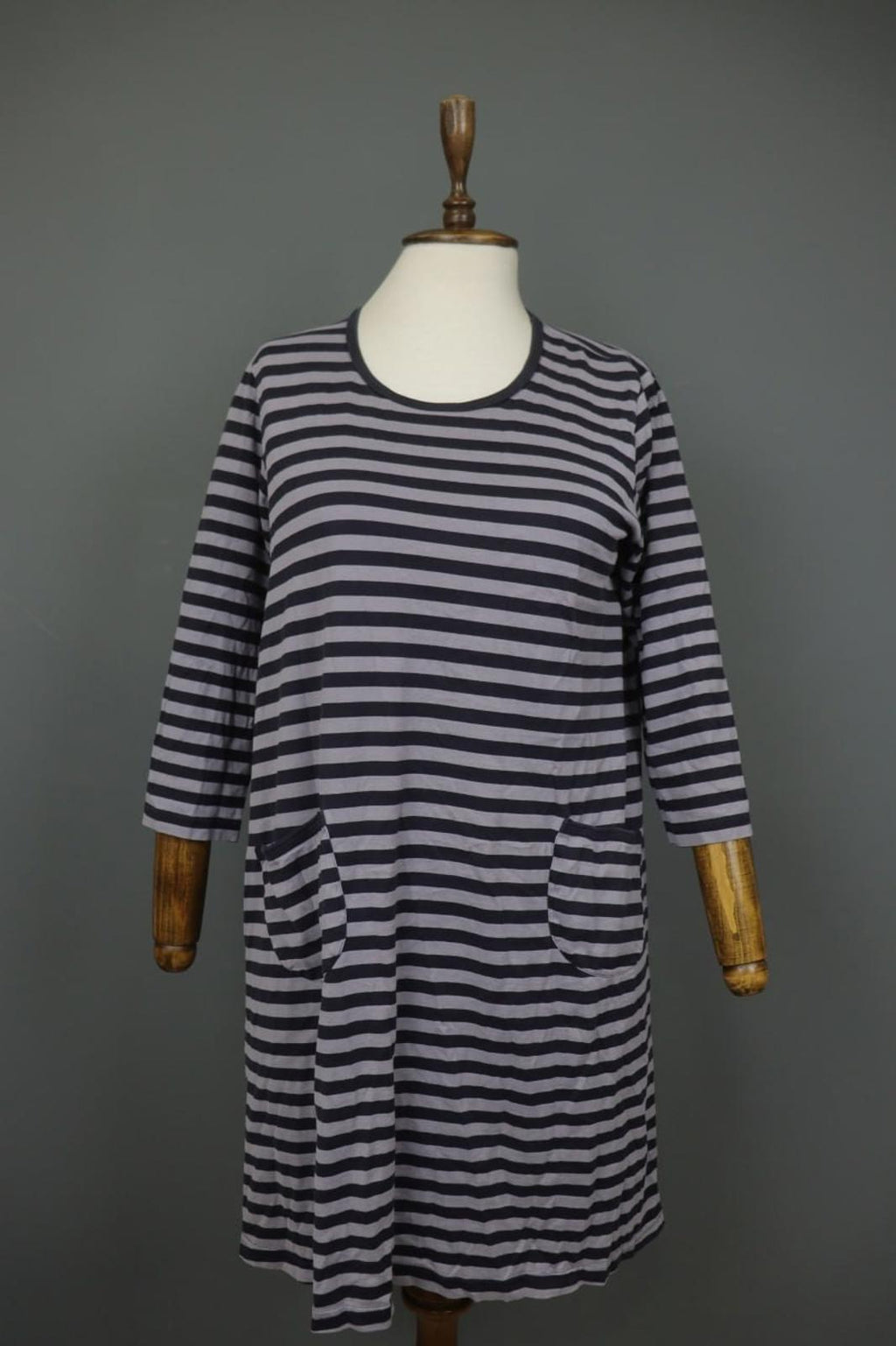 MARIMEKKO Gray & Black Striped 3/4 Sleeve Front Pockets Tunic Dress Sz S/M