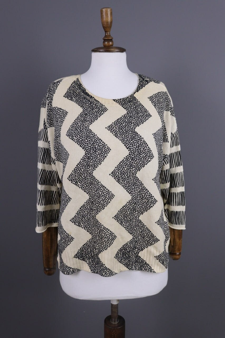 Gudrun Sjoden Beige Zig Zag 3/4 Sleeve Knit Sweater – Size S
