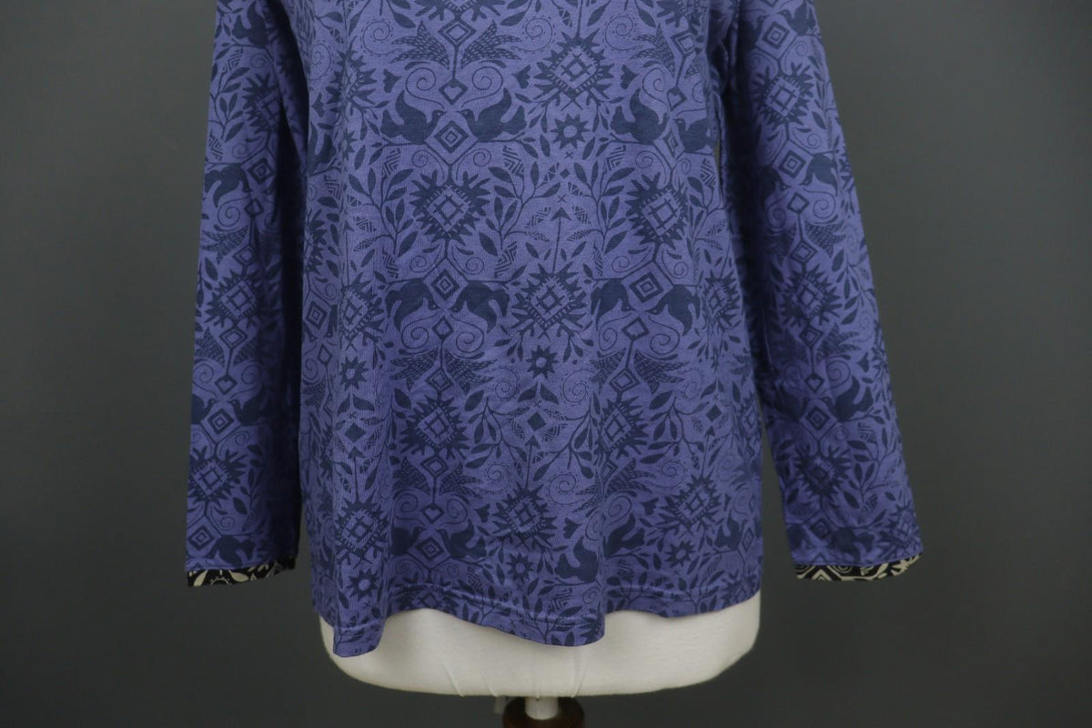 GUDRUN SJODEN Purple Palm Leaf Print Cotton Round Neck Pullover Blouse Top Sz M