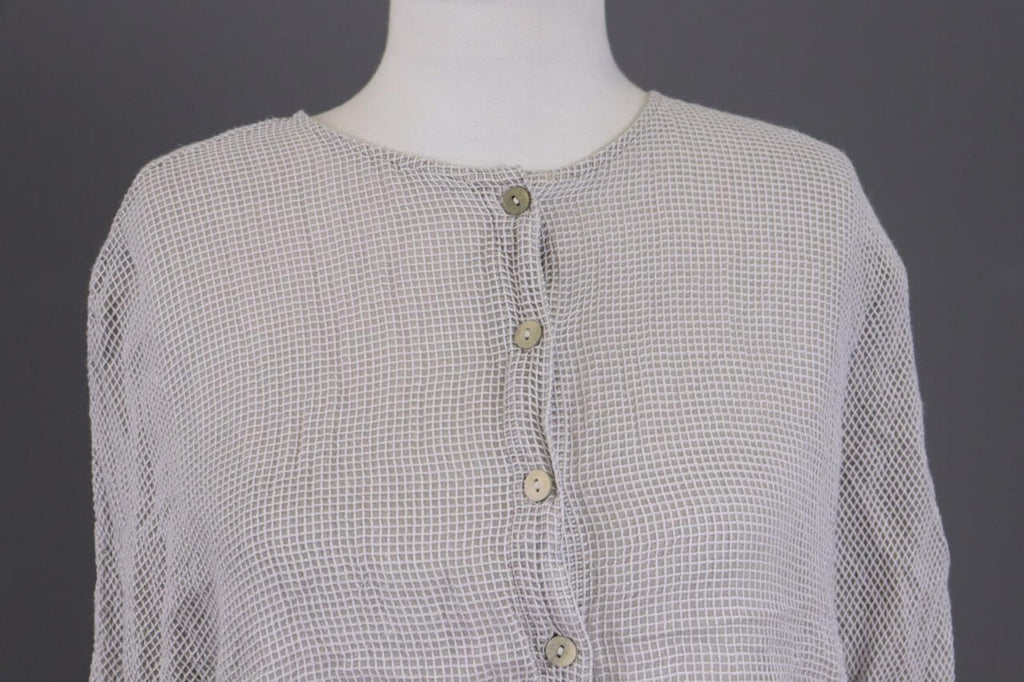 GRIZAS Gray Open Knit Silk Button Down 3/4 Sleeve Blouse Shirt Tunic – Size M