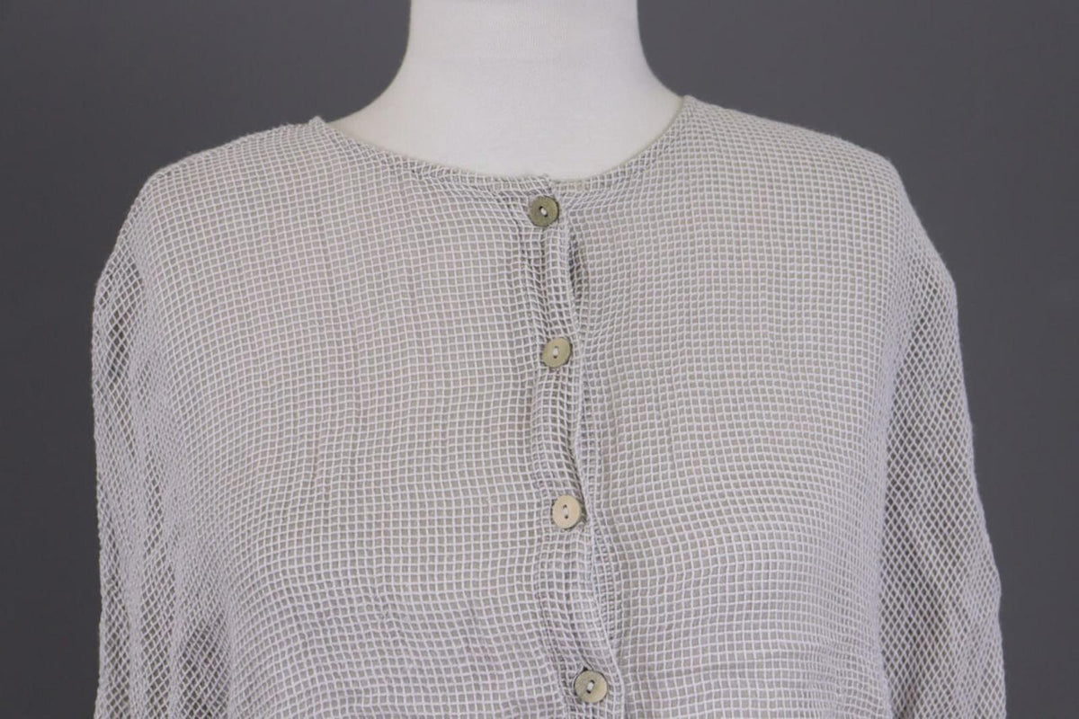 GRIZAS Gray Open Knit Silk Button Down 3/4 Sleeve Blouse Shirt Tunic – Size M