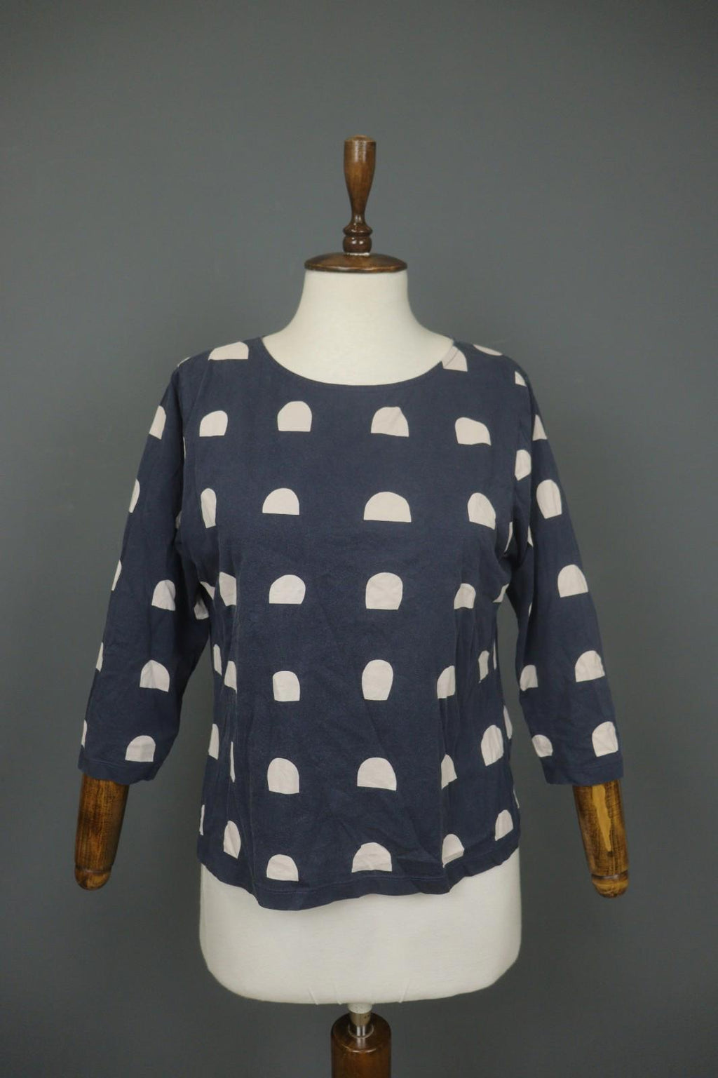 MARIMEKKO Blue White Polka Dot 3/4 Sleeve Round Neck Pullover Knit Top – Size M