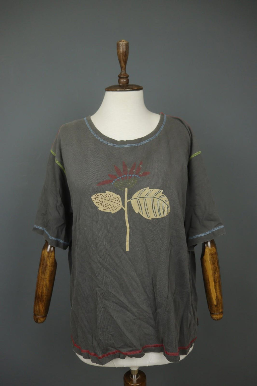 GUDRUN SJÖDEN Gray Palm Graphic Cotton Short Sleeve Round Neck T-Shirt – Size L/XL