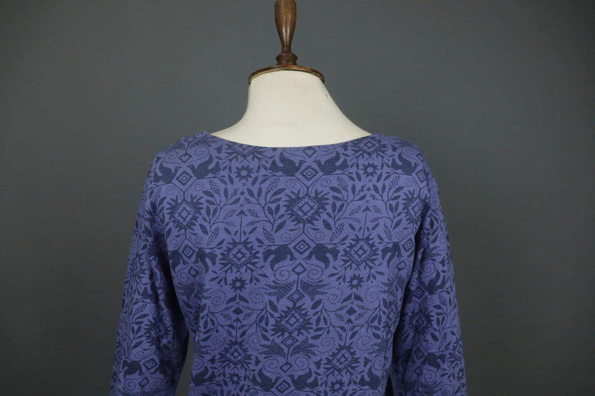 GUDRUN SJODEN Purple Palm Leaf Print Cotton Round Neck Pullover Blouse Top Sz M