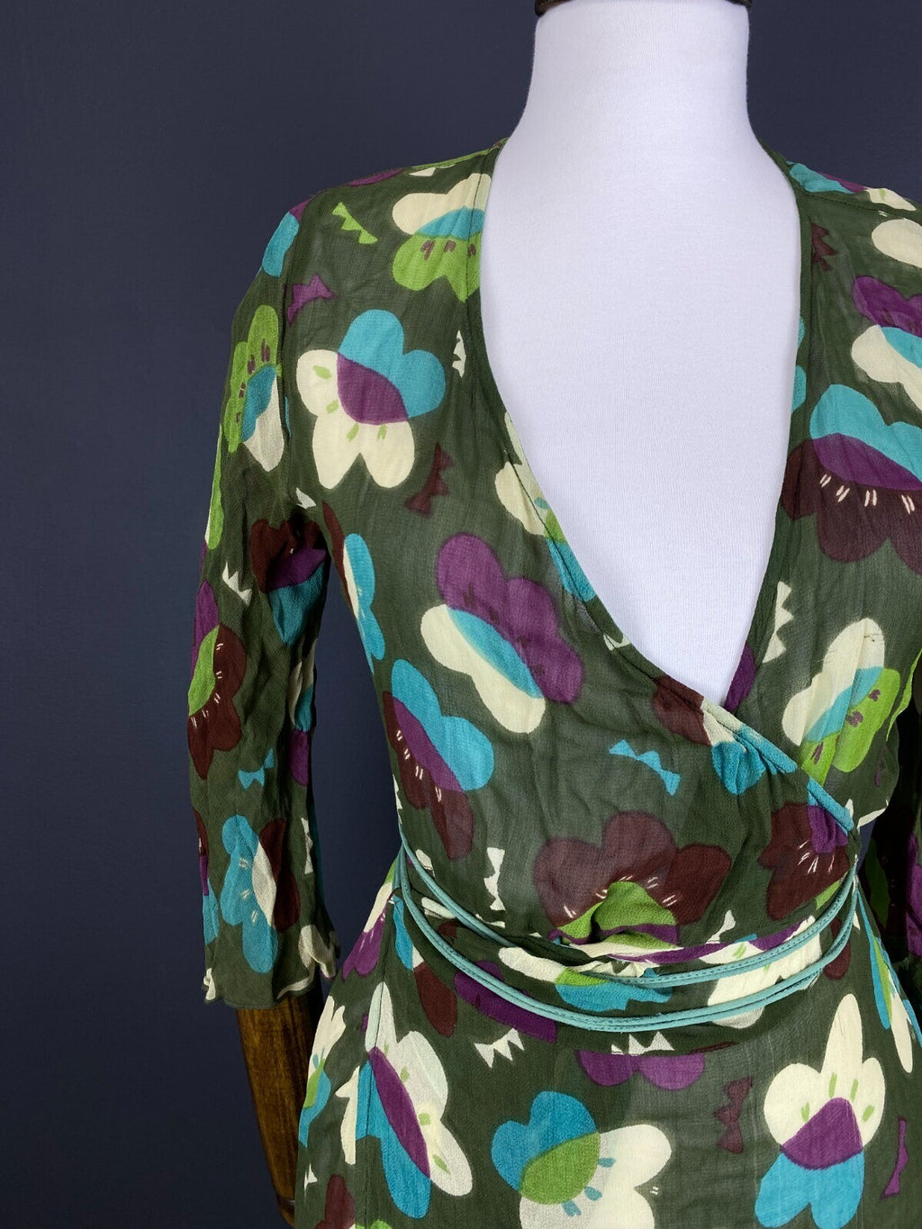 Gudrun Sjoden Green Floral Wrap Belted 3/4 Sleeve Blouson Midi Dress – Size M