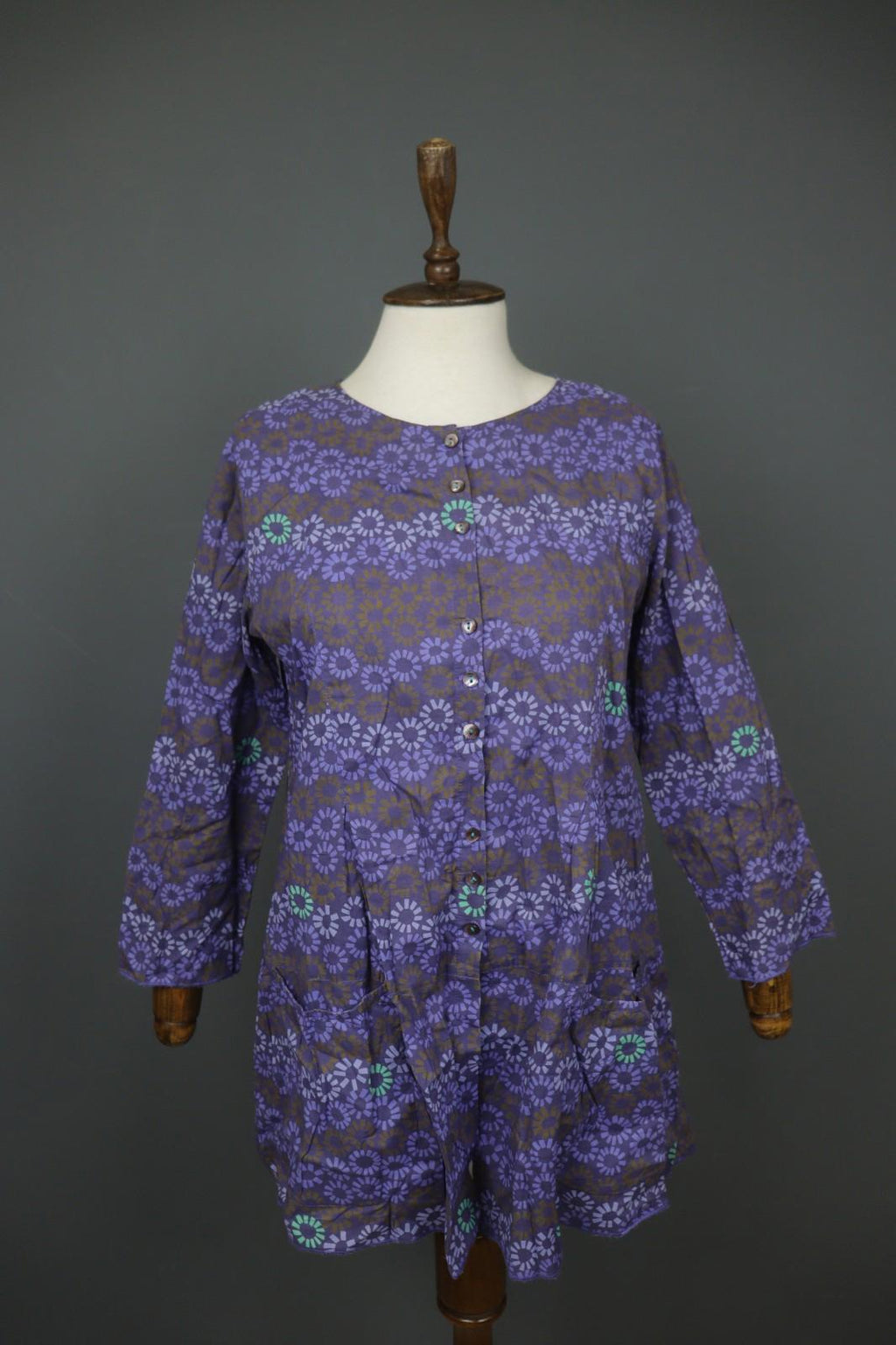 GUDRUN SJÖDEN Multi Flower Cotton Long Sleeve Button Front Tunic Shirt Top Sz S