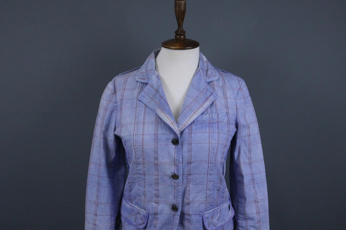 BNWT GALLIANO Blue Check Three Button Blazer Jacket – Size 26 / 40