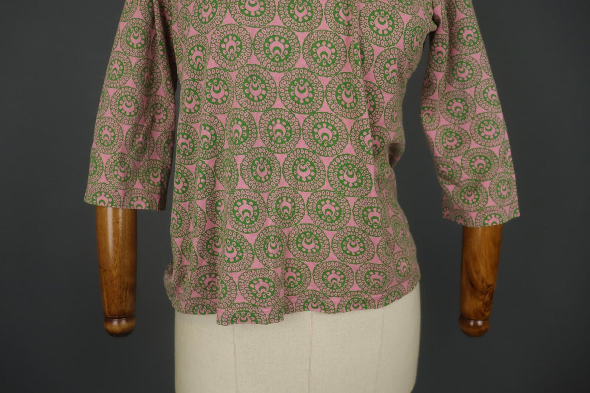 MARIMEKKO Pink Green Geometric Cotton Round Neck Long Sleeve Blouse Top – Size M