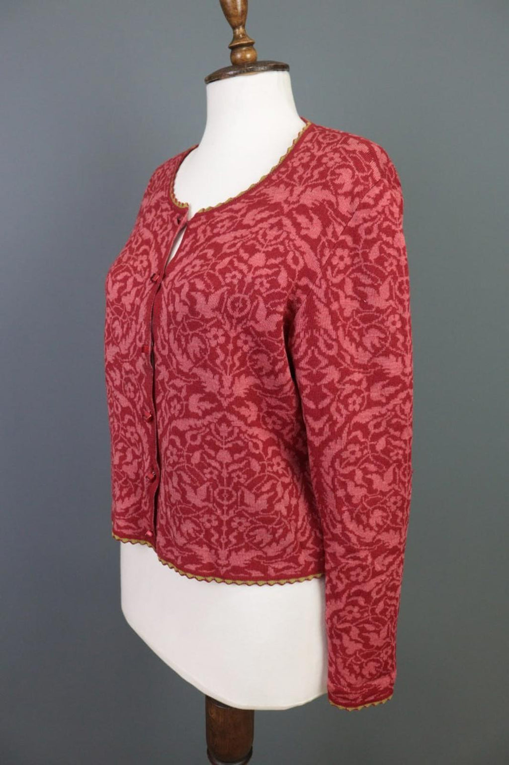OLEANA Red Floral Round Neck Long Sleeve Button Front Cardigan Sweater S/M