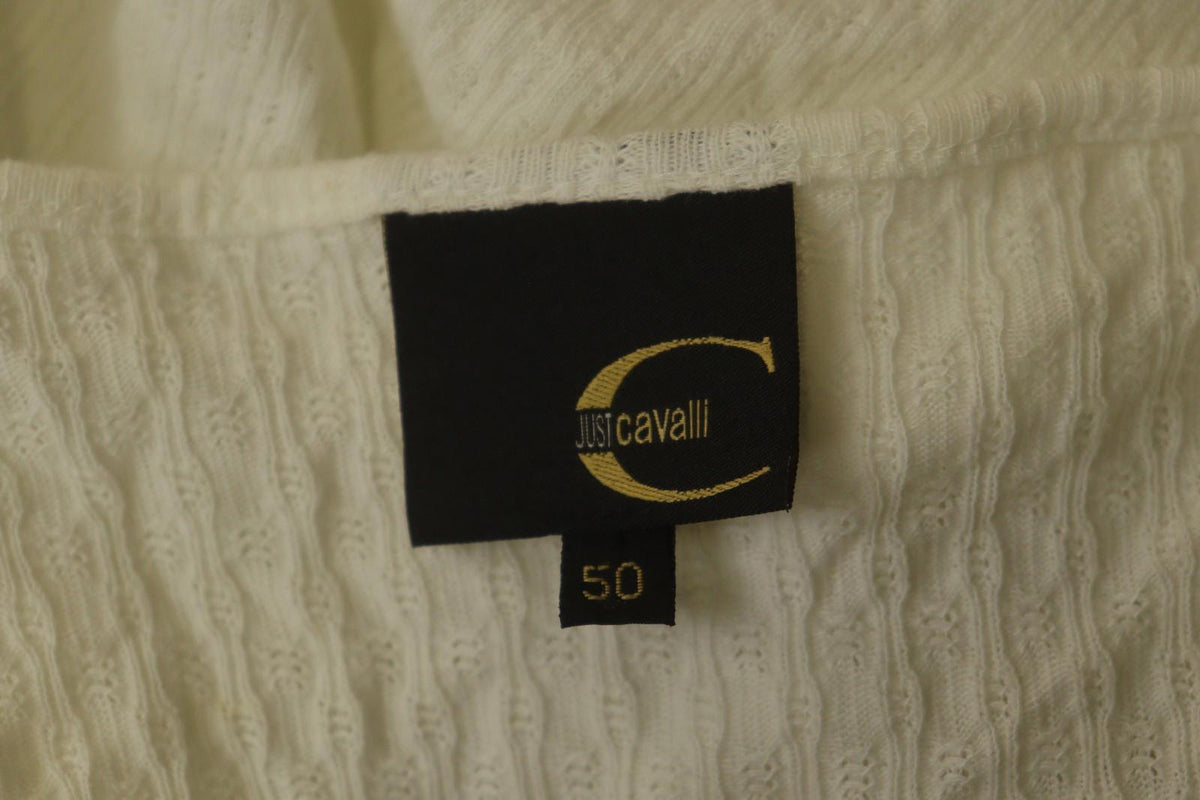 JUST CAVALLI White Knitted Long Sleeve V-Neck Stretch Pullover Sweater – Size 50