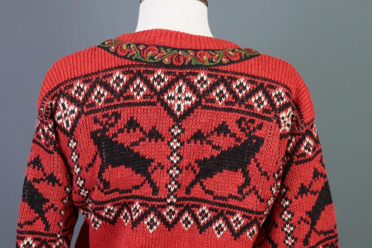 NORDSTRIKK Red Wool Fair Isle Snowflakes Clasp Knit Ski Sweater – Size S