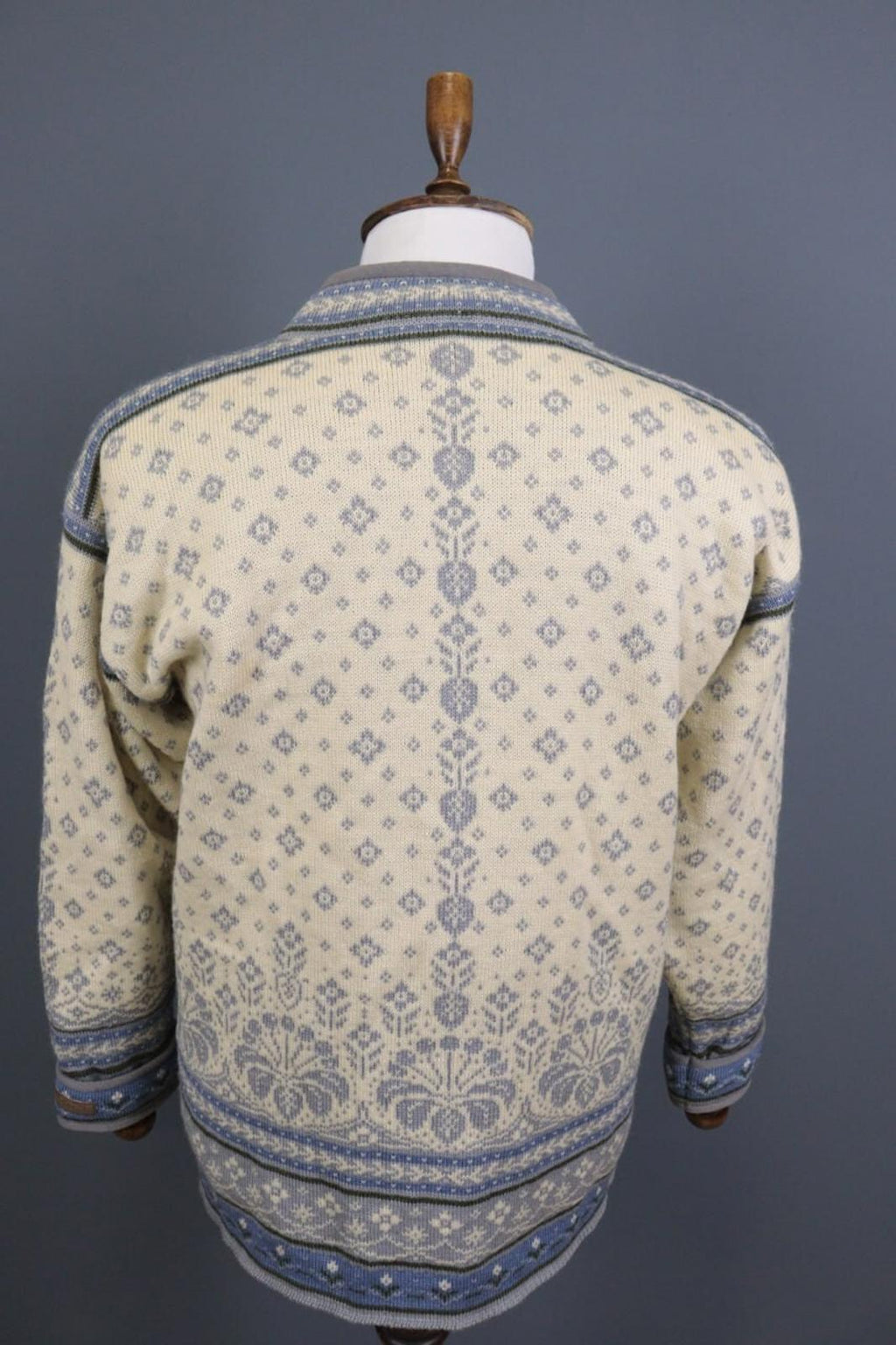 DALE OF NORWAY Beige Blue Fair Isle Wool Full Zip Knit Cardigan Sweater – Size M