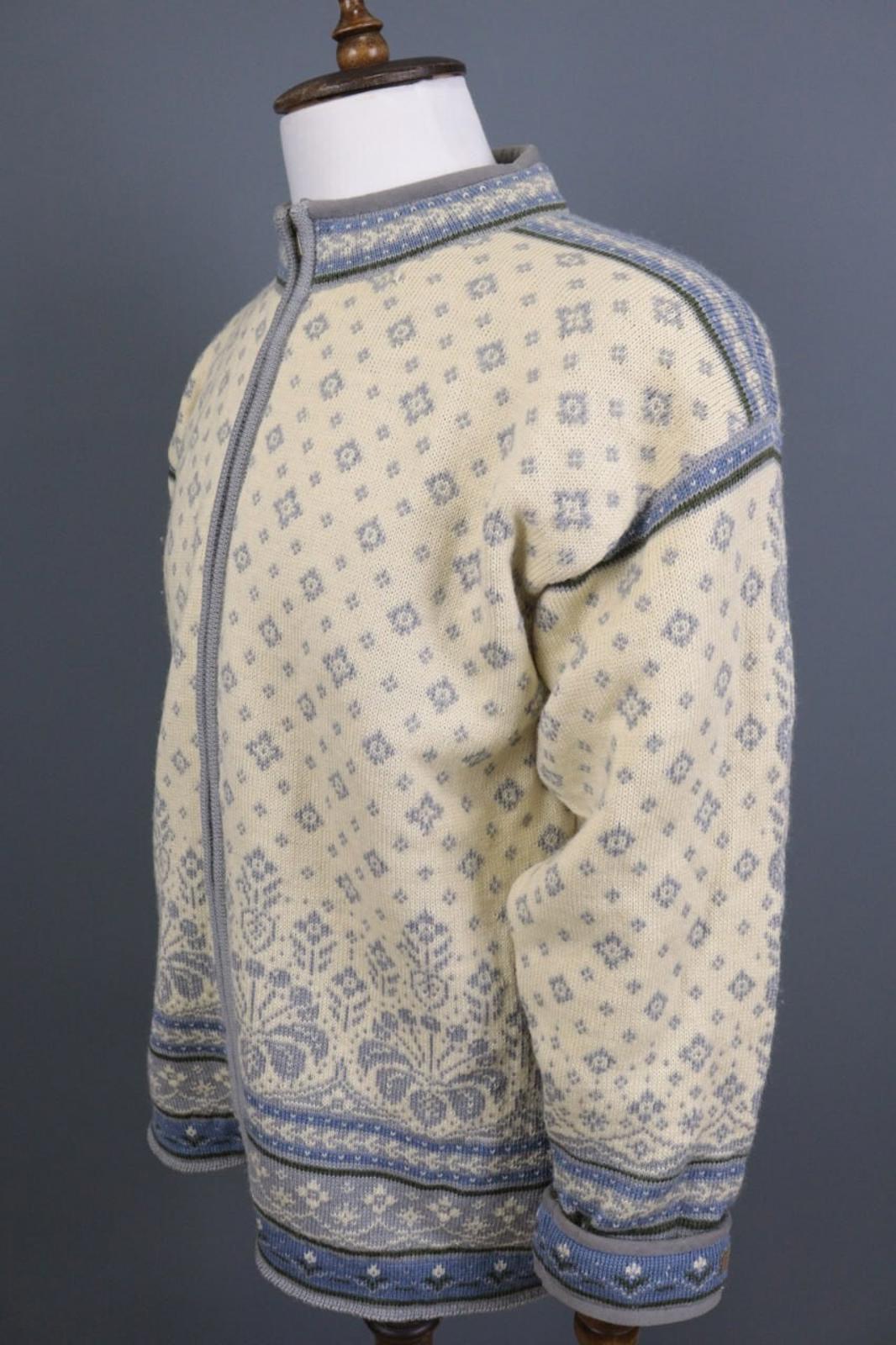 DALE OF NORWAY Beige Blue Fair Isle Wool Full Zip Knit Cardigan Sweater – Size M