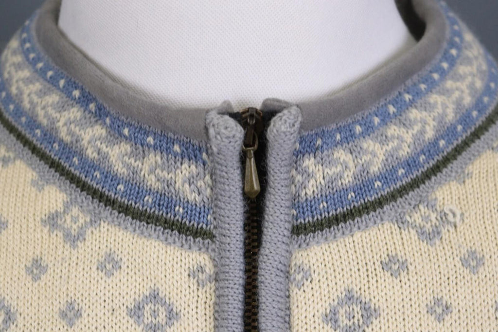 DALE OF NORWAY Beige Blue Fair Isle Wool Full Zip Knit Cardigan Sweater – Size M