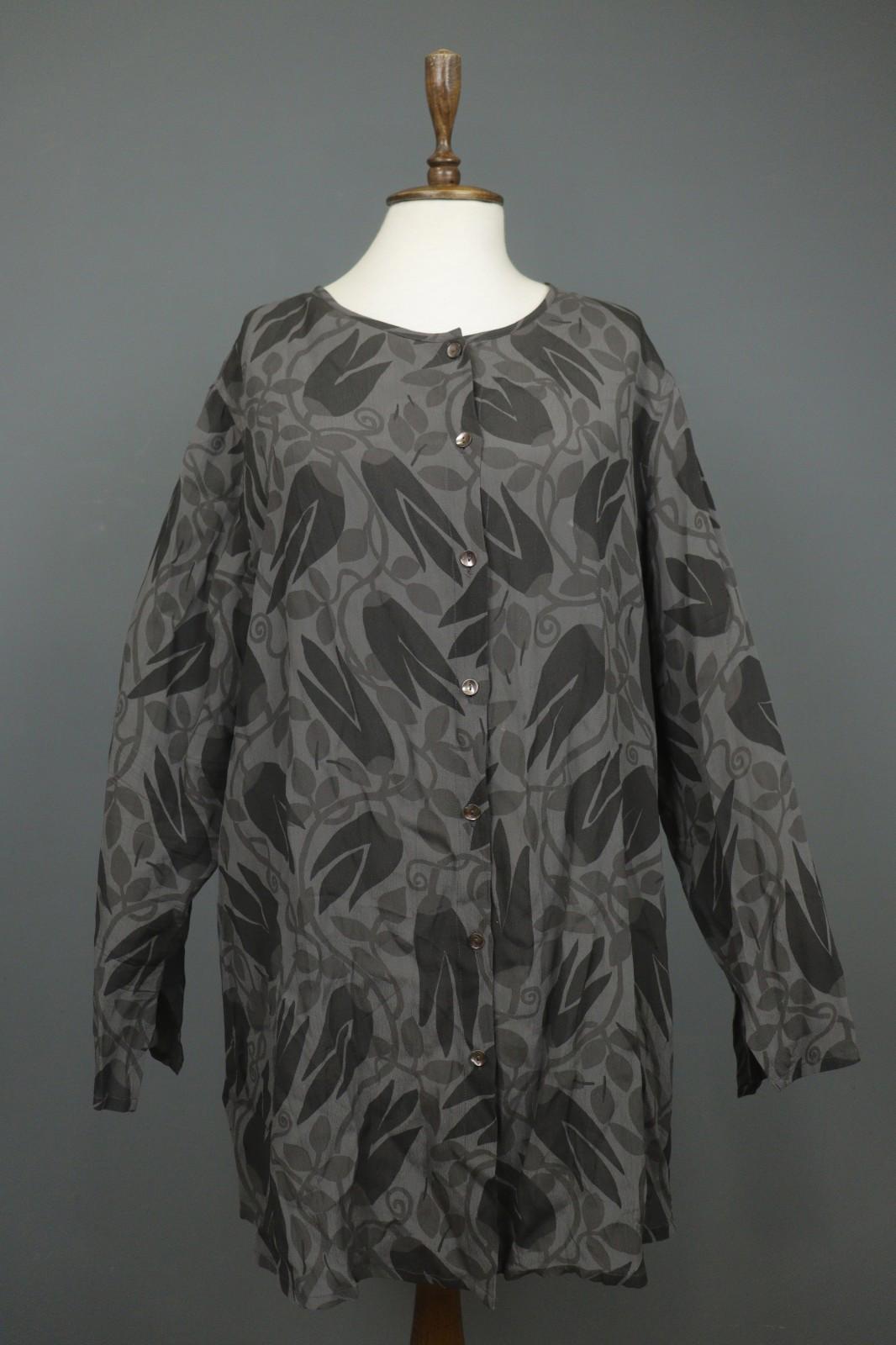 GUDRUN SJODEN Black Floral 100% Viscose Round Neck Button Front Shirt Dress Sz L