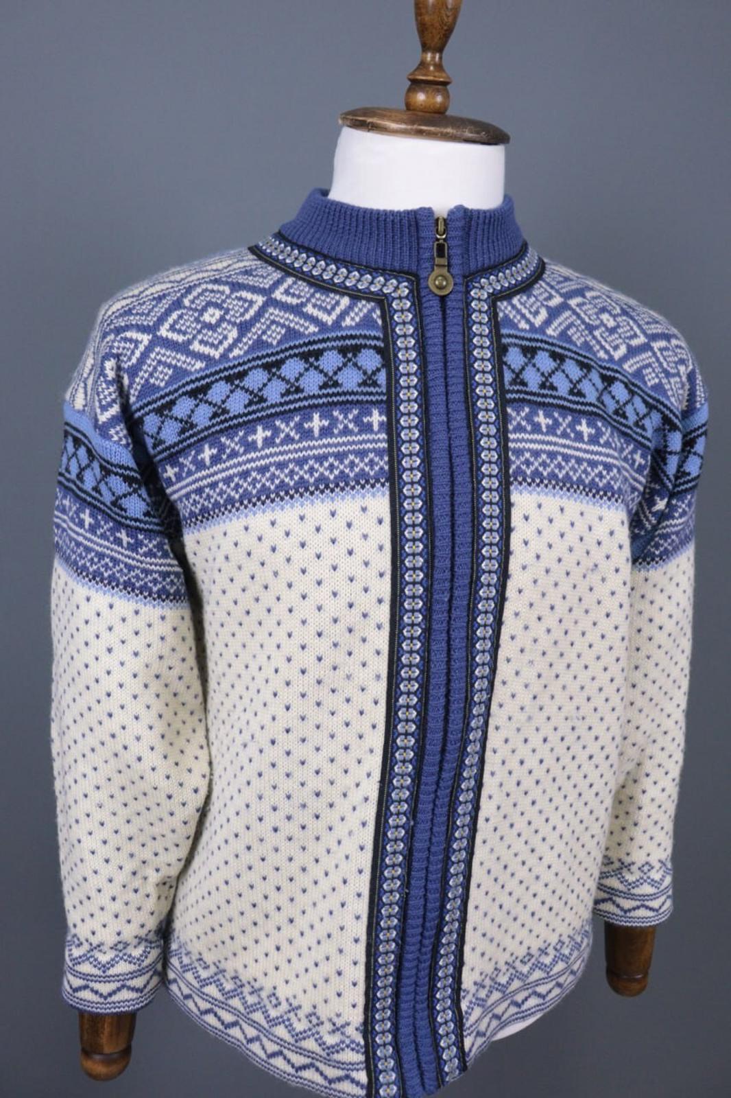 WIND-FJORD CALSSIC Blue / Beige Wool Full Zip Ski Jacket – Size S