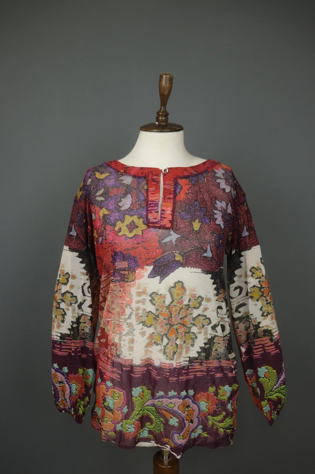 FUZZI Multi Geo Print Balloon Sleeve Round Neck Keyhole Front Mini Dress M/L