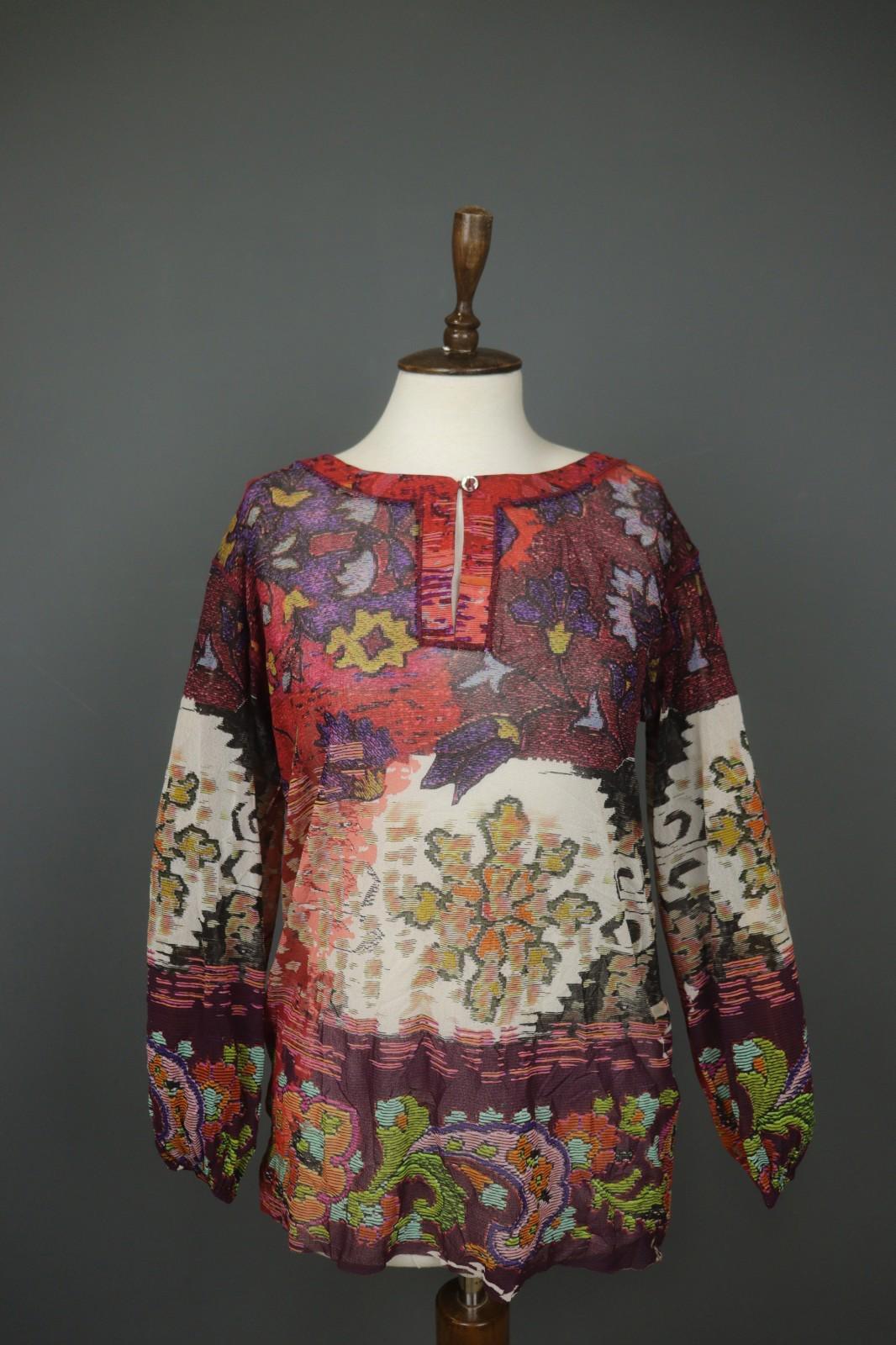 FUZZI Multi Geo Print Balloon Sleeve Round Neck Keyhole Front Mini Dress M/L