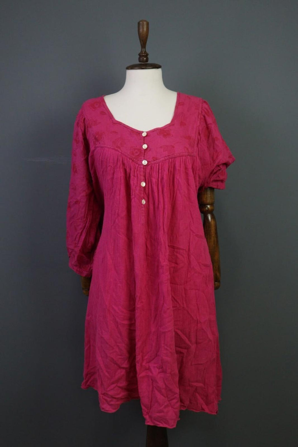 GUDRUN SJODEN Pink Henley 3/4 Sleeve Blouson Shirt Midi Dress – Size L