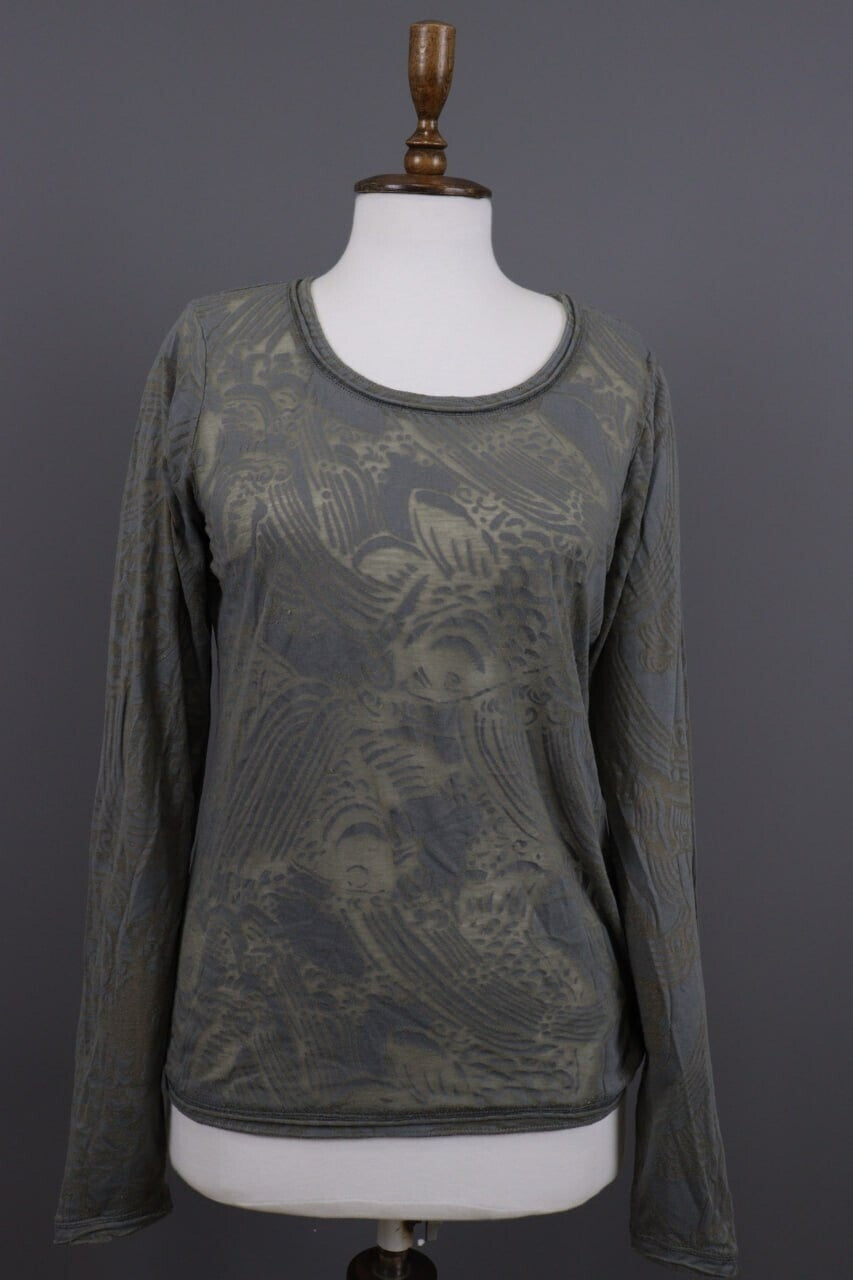 Rundholz Gray Floral Mesh Knit Lightweight Distressed Lagenlook Pullover – Size L