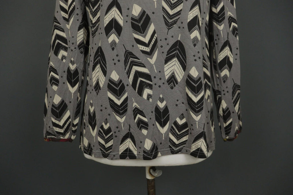 GUDRUN SJODEN Gray Black Leaf Print Round Neck Long Sleeve Pullover Blouse Top