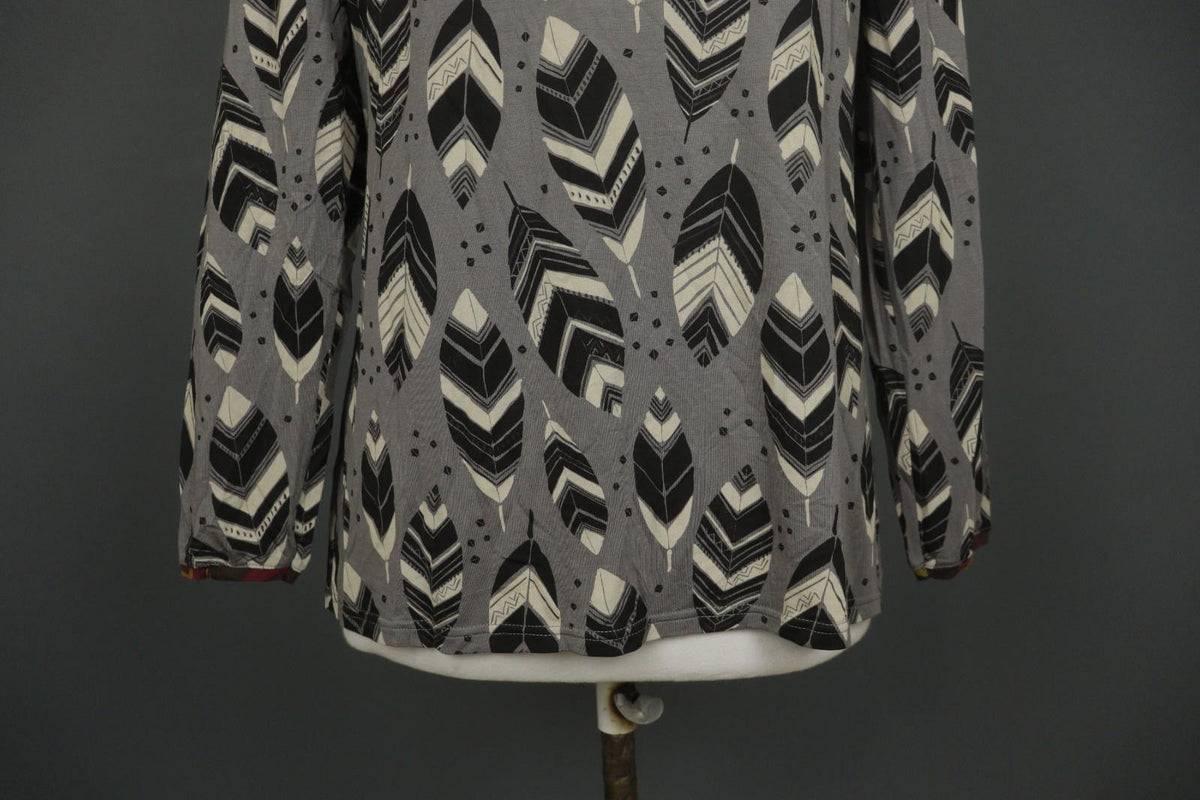GUDRUN SJODEN Gray Black Leaf Print Round Neck Long Sleeve Pullover Blouse Top