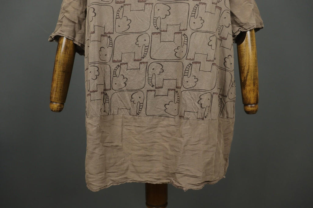 GUDRUN SJODEN Brown Elephant Print 3/4 Sleeve Round Neck Shift Dress – Size S