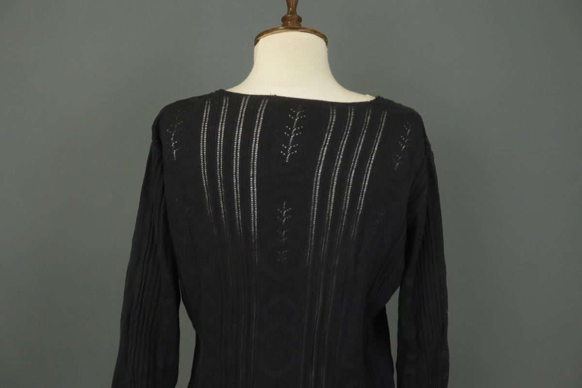 GUDRUN SJODEN Black Silk Open Knit Long Sleeve Round Neck Pullover Sweater