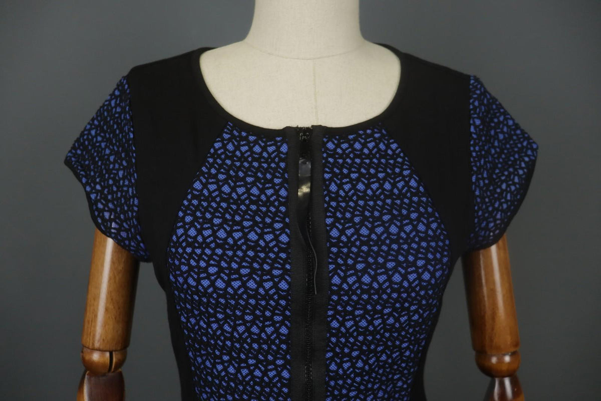 COP COPINE Blue & Black Round Neck Short Sleeve Zip-Up A-Line Dress – Size 40