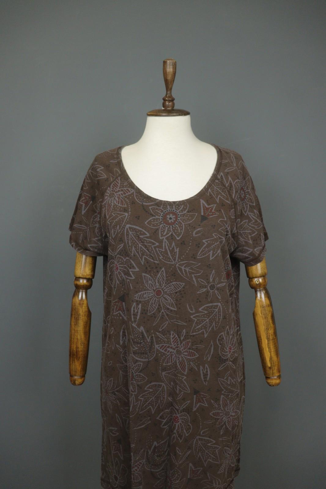 GUDRUN SJODEN Brown Floral Lyocell Short Sleeve Round Neck Sheath Dress – Size M