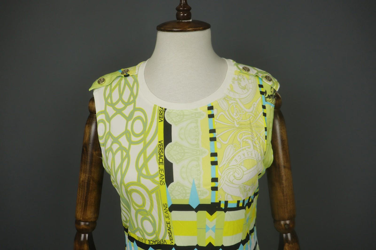 VERSACE JEANS Multicolor Geo Print Sleeveless Shoulder Button Blouse Top – Size 42