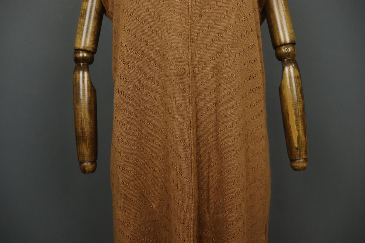 GUDRUN SJODEN Brown Ramie Open Knit Short Sleeve V-Neck Sweater Dress – Size L