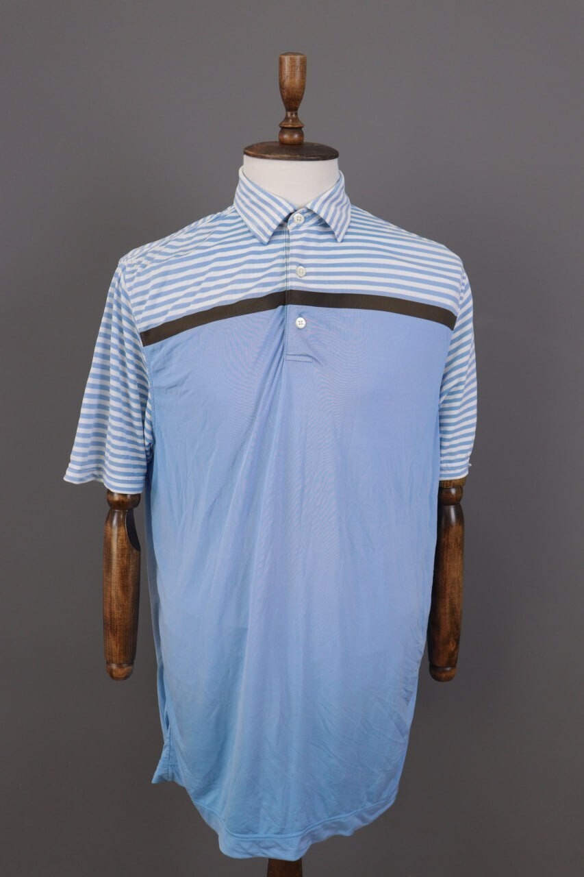 FJ FootJoy Athletic Fit Blue Striped Golf Short Sleeve Polo Shirt – Size L